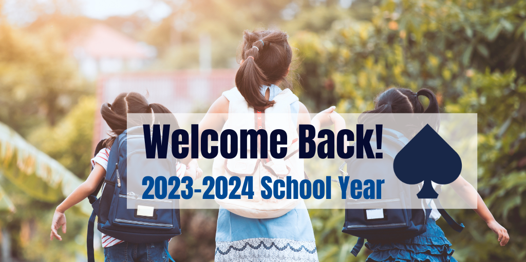 Image of three girls with backpacks with the message &#34;Welcome Back! 2023-2024 School Year&#34;